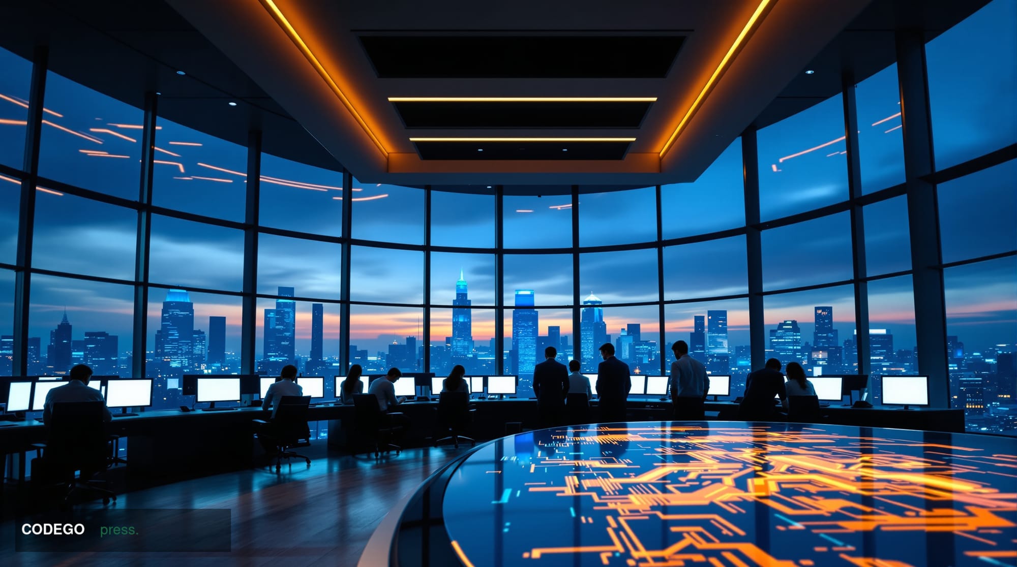A cinematic editorial photograph set inside a vast, modernist financial institution's open-plan operations floor, shot from a