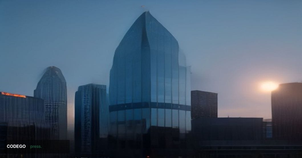 A photorealistic editorial photograph depicting a sleek, modern Swiss financial district at twilight, with the glass and stee
