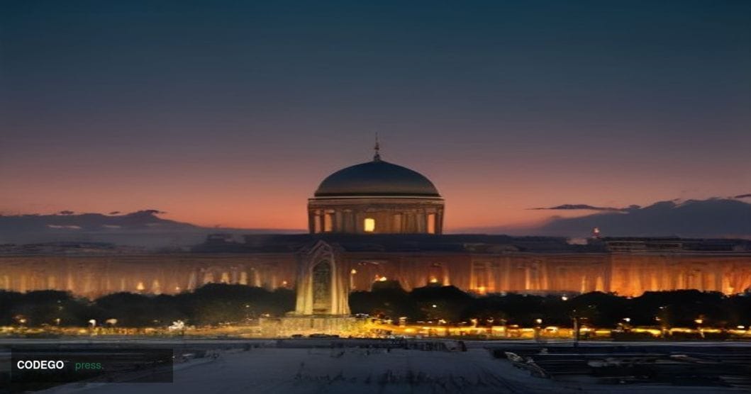 A cinematic editorial photograph set in Tashkent, Uzbekistan, with the iconic Khast Imam complex or the Amir Timur Square mon