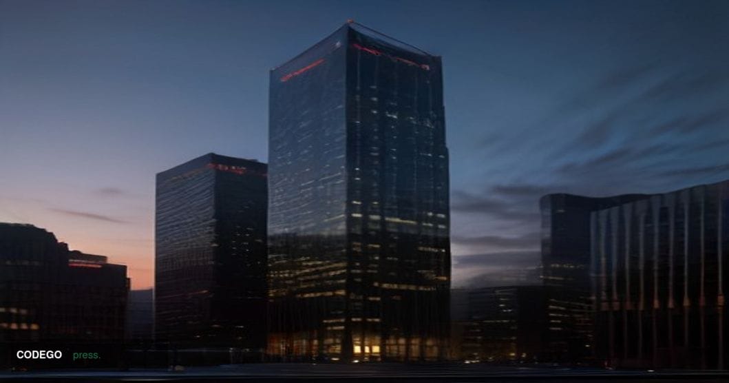 A dramatic cinematic editorial photograph of a sleek Canadian financial district tower at dusk, unmistakably modeled on the T