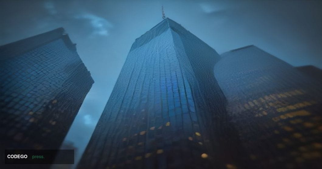 A cinematic editorial photograph of a towering glass corporate banking tower in lower Manhattan at dusk, shot from a low angl
