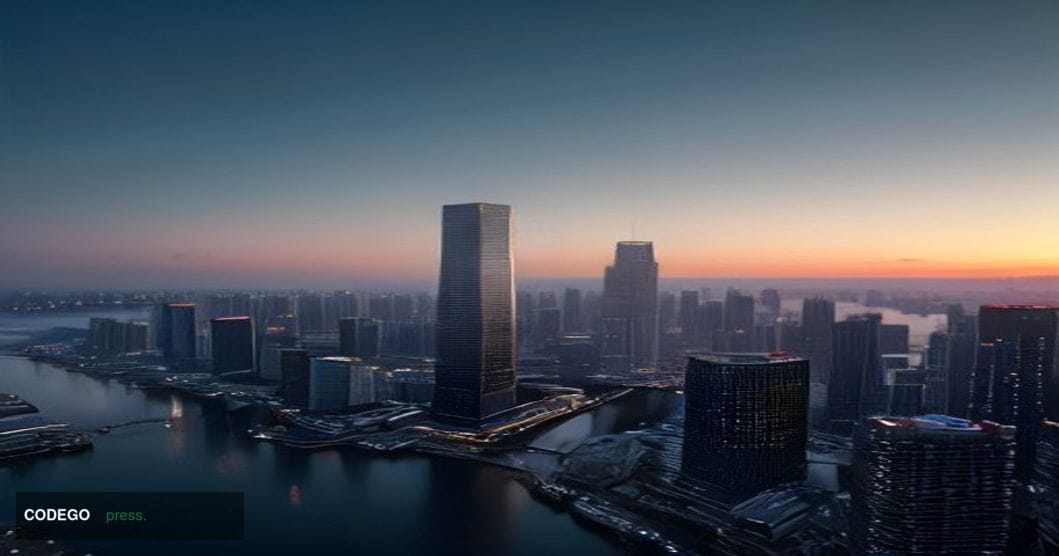 A photorealistic cinematic editorial photograph depicting a dramatic aerial perspective of a major Southeast Asian financial 