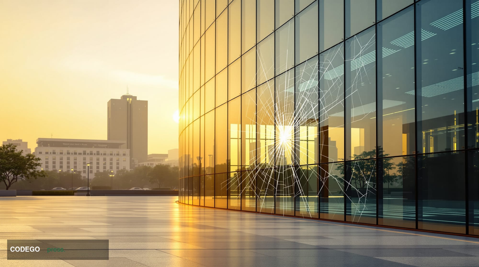 A cinematic editorial photograph taken from a low angle looking up at a sleek glass-and-steel smartphone application marketpl