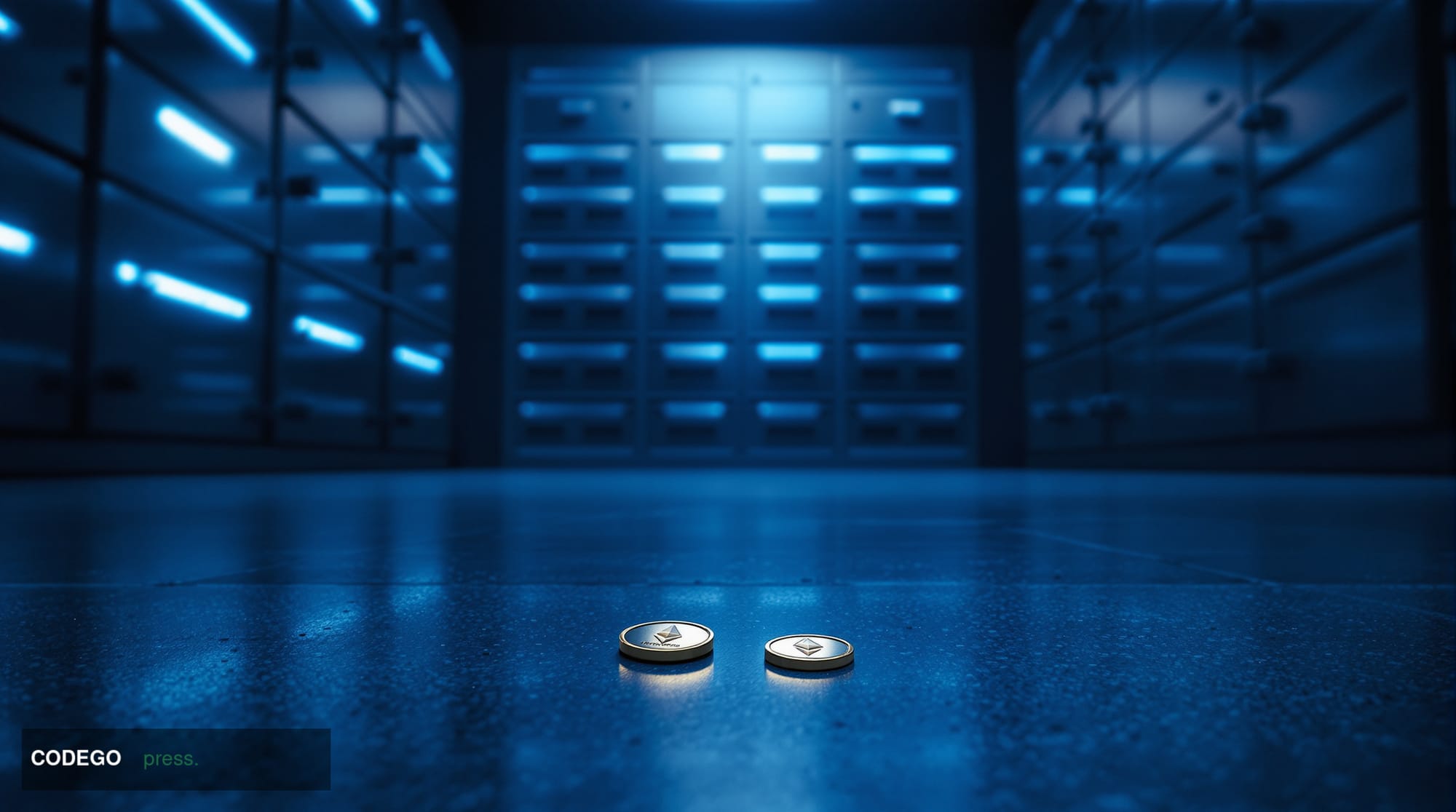 A dramatic cinematic editorial photograph set inside a stark, dimly lit institutional vault space with cold blue ambient ligh