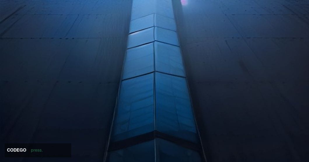 A dramatic cinematic editorial photograph shot from a low angle looking up at the sleek glass-and-steel facade of an Ethereum