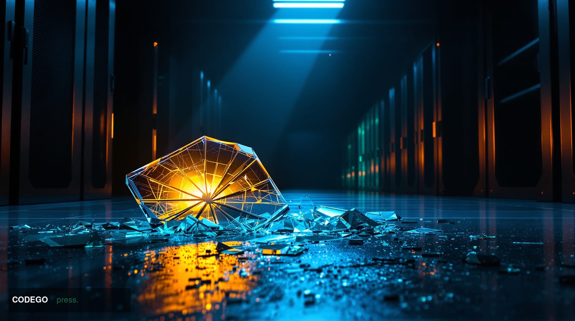 A dramatic cinematic close-up of a shattered glass vault door lying on a cold polished concrete floor inside a darkened, high