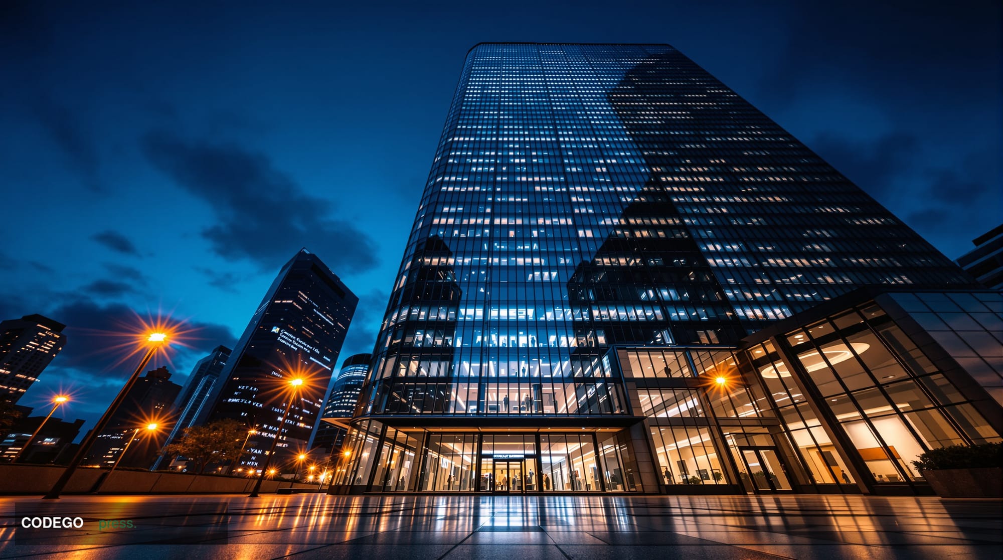 A grand, glass-and-steel financial district office tower photographed at dusk from a low-angle upward perspective, representi
