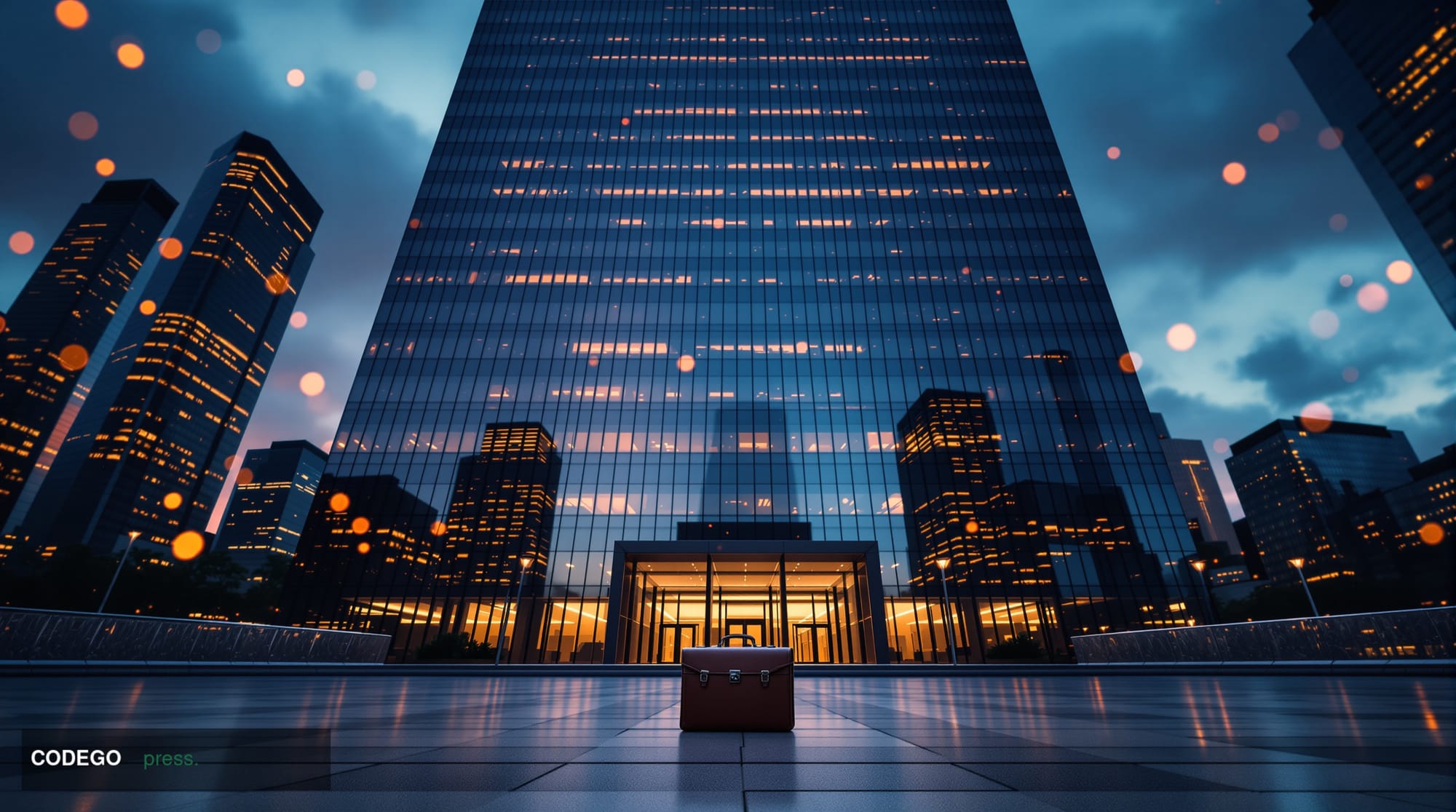 A monumental glass-and-steel financial district office tower photographed at dusk from a low-angle upward perspective, repres