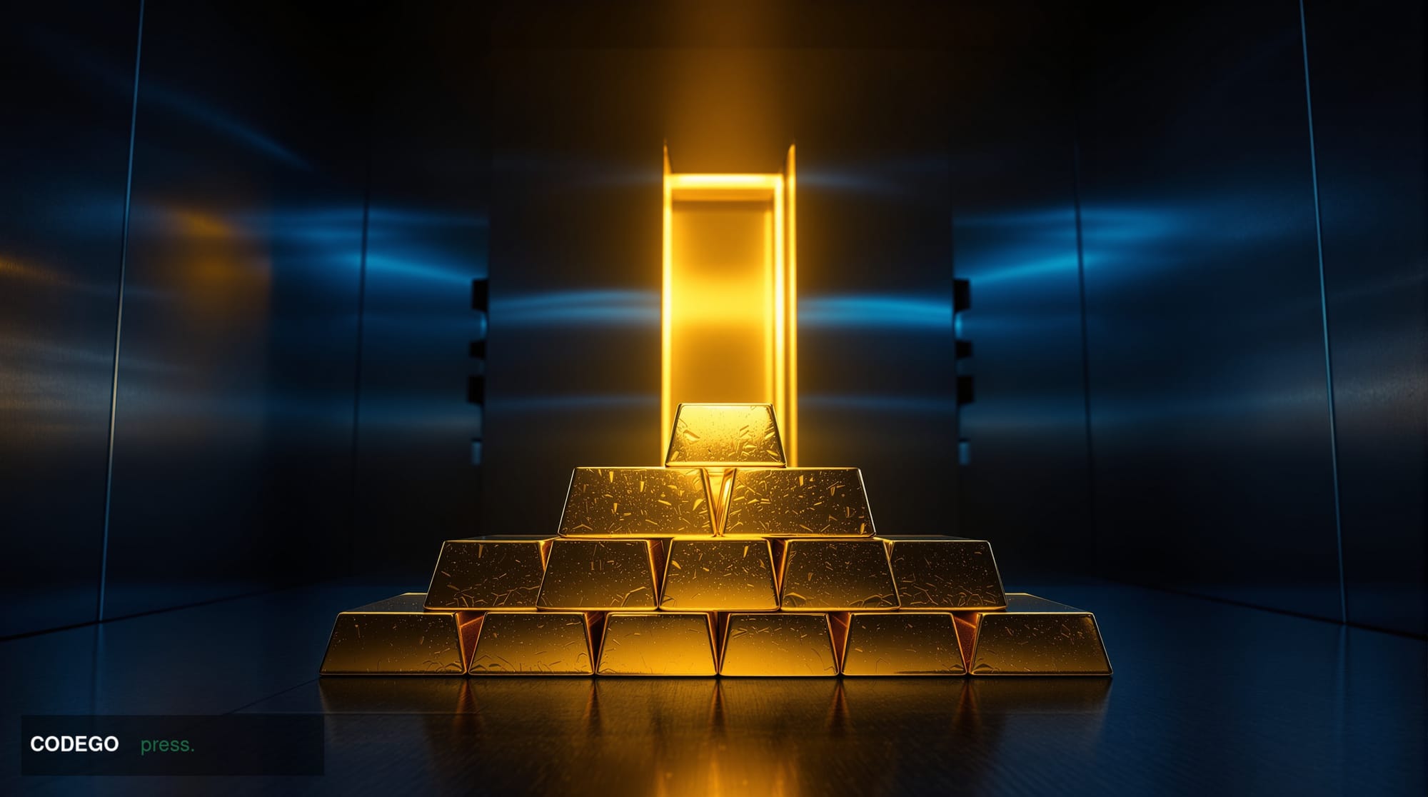 A cinematic editorial photograph of physical gold bullion bars arranged in a diminishing stack inside a sleek, dimly lit vaul