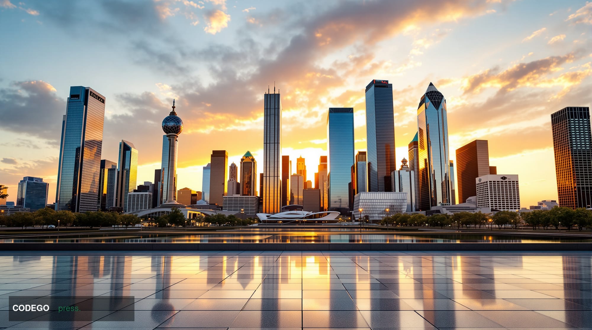 A cinematic wide-angle shot of the Dallas, Texas skyline at golden hour, viewed from across the Trinity River, with warm ambe