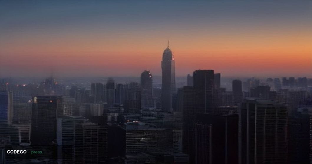A sweeping low-angle cinematic shot of Bangkok's financial district skyline at dusk, with the Chao Phraya River reflecting wa