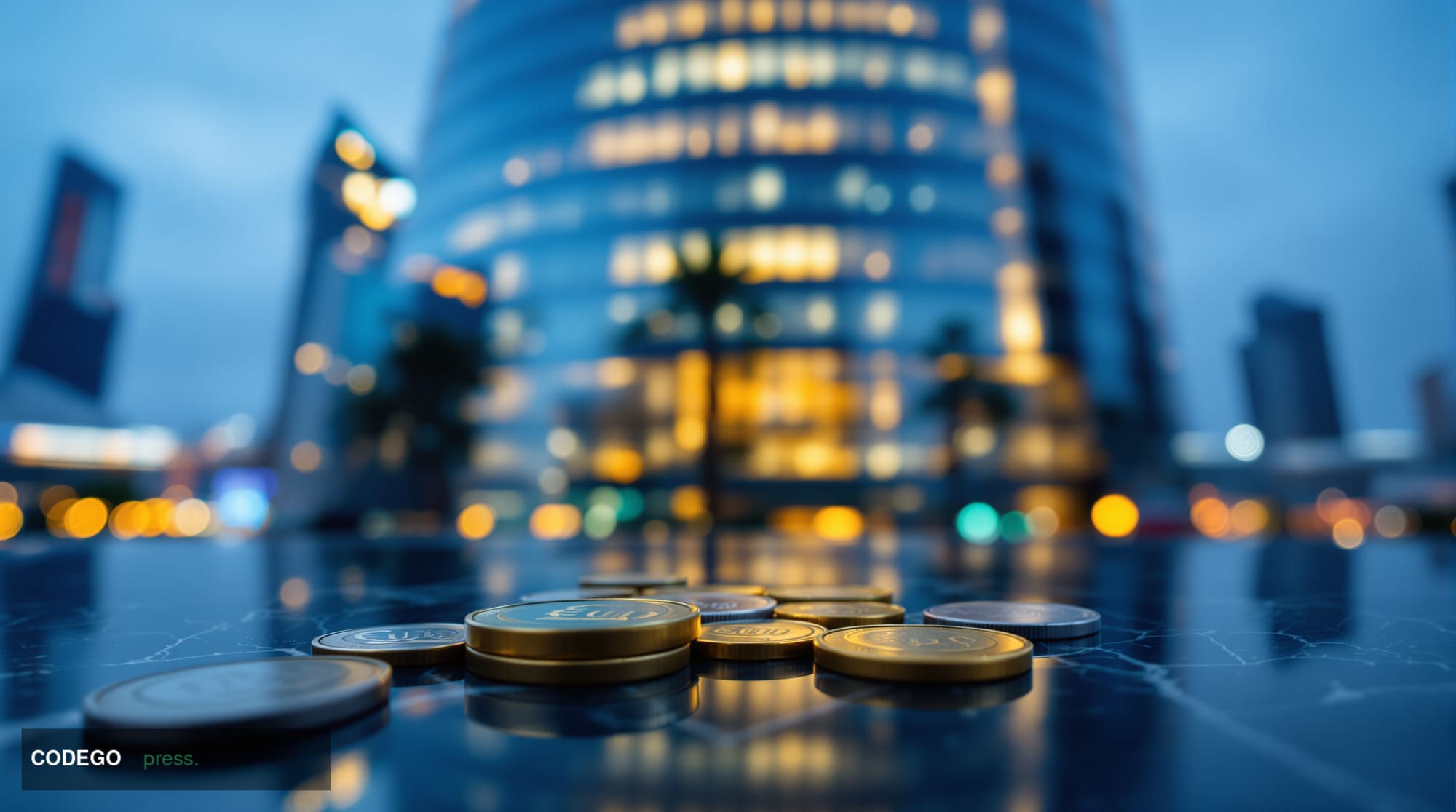 A cinematic editorial photograph shot from a low angle looking upward at a sleek modern financial district glass tower at nig