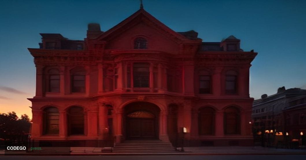 A cinematic editorial photograph of a historic red-brick savings bank building in Philadelphia at dusk, modeled on the archit