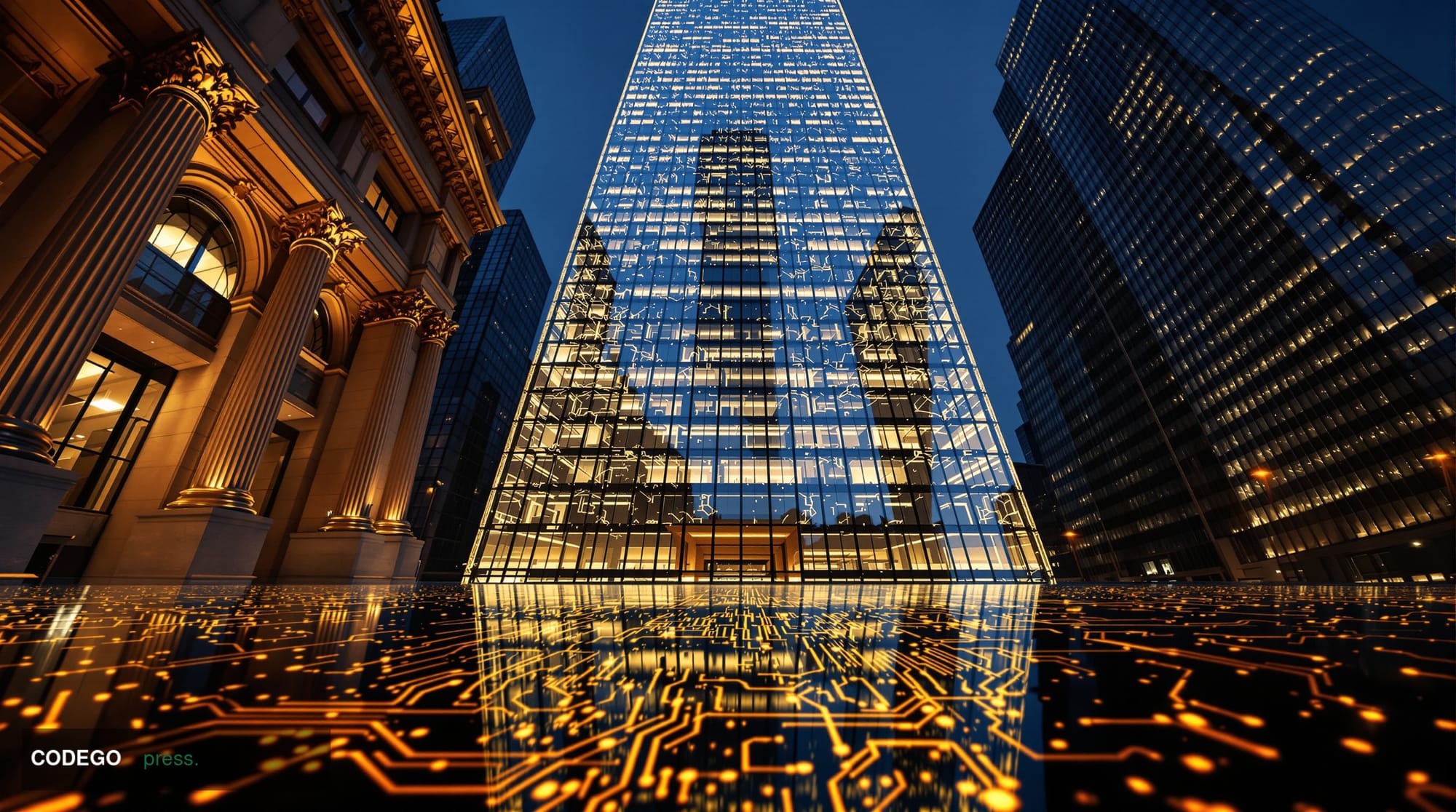 A dramatic cinematic editorial photograph shot from a low angle looking up at a towering glass-and-steel financial district s