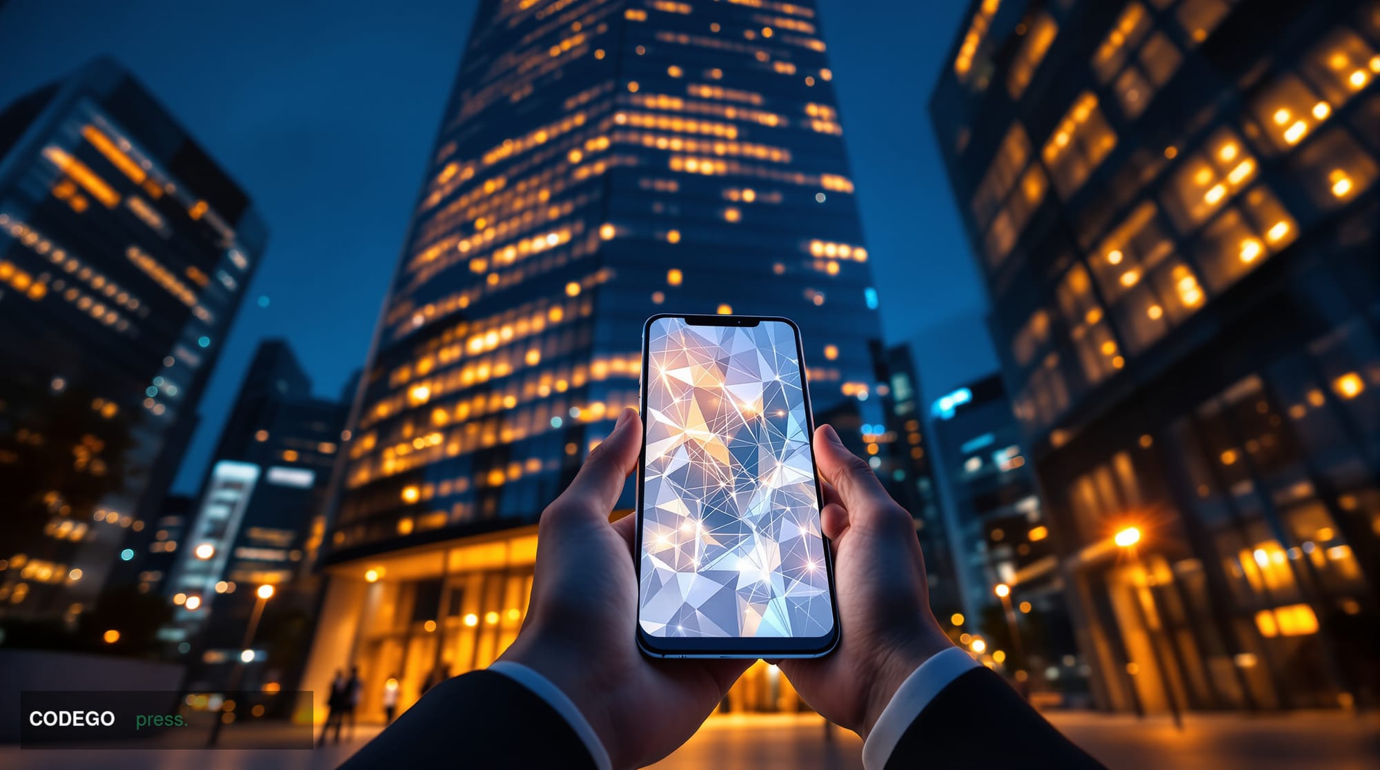 A cinematic editorial photograph set in a sleek, modern Japanese financial district at dusk, featuring a low-angle shot of a 
