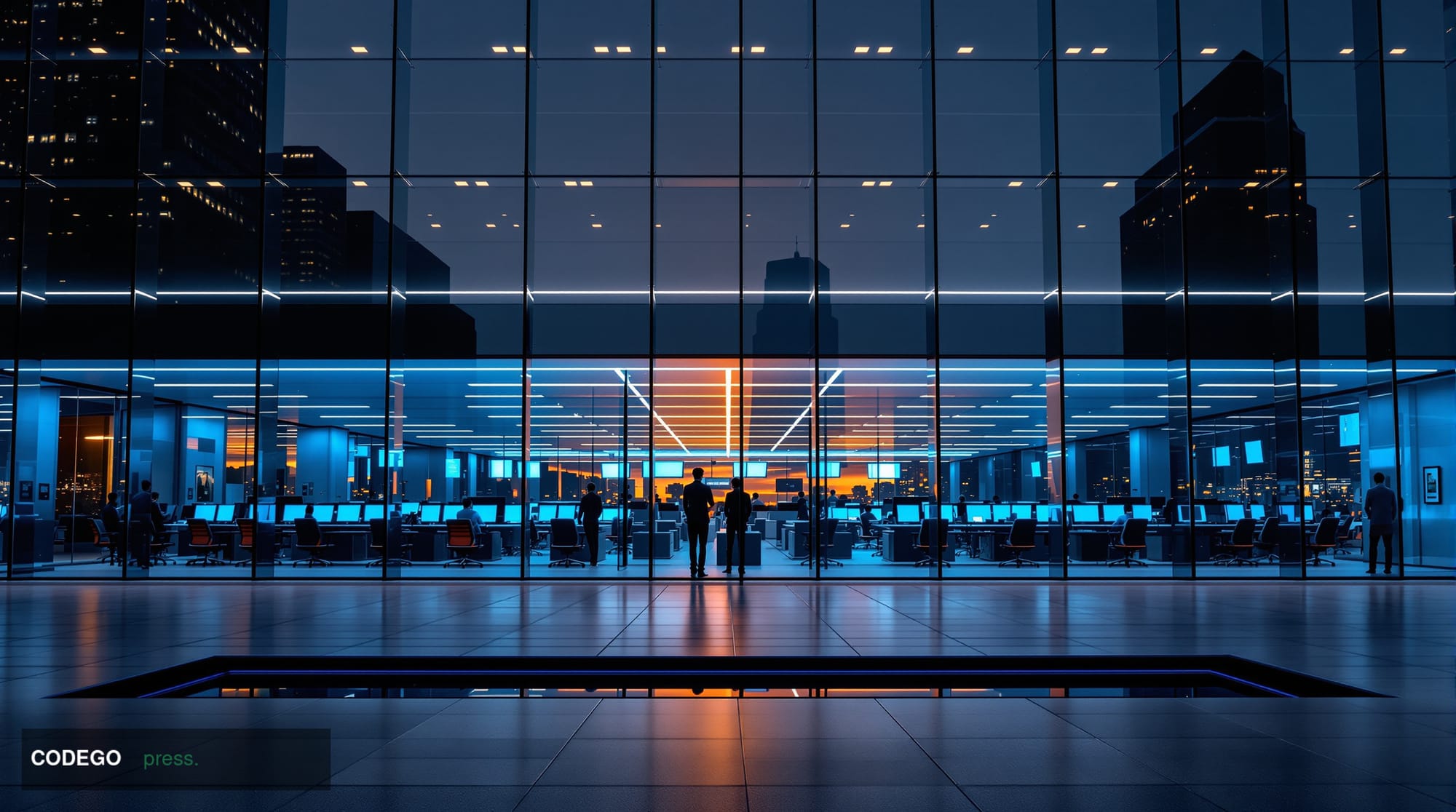 A cinematic editorial photograph of a sleek, modern institutional trading floor seen through floor-to-ceiling glass walls at 