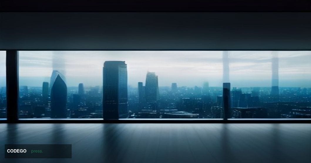 A photorealistic editorial photograph taken inside a sleek, modern British financial district office environment, viewed from