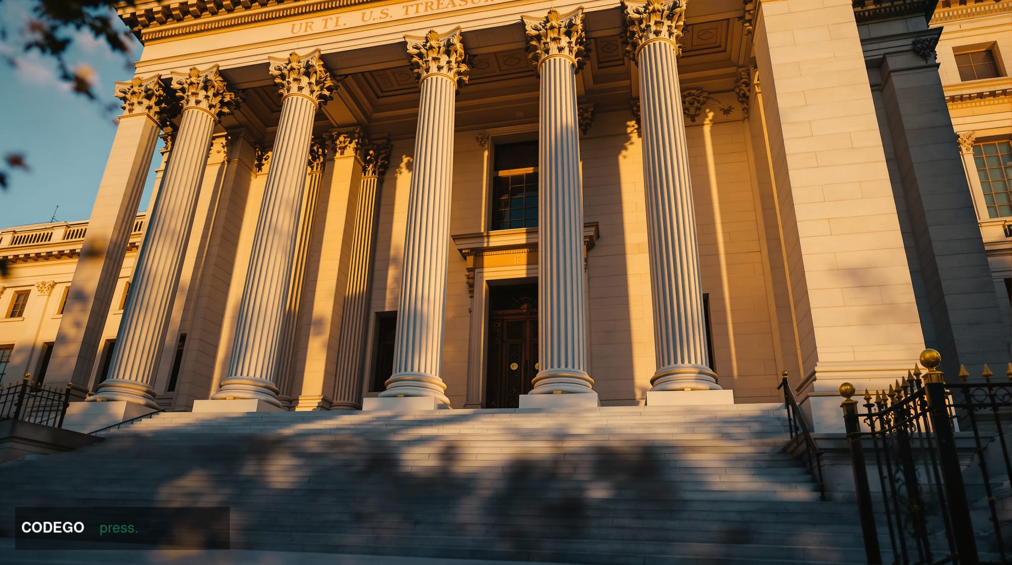 A wide-angle cinematic shot of the neoclassical U.S. Treasury Building in Washington D.C. photographed at golden hour from a 