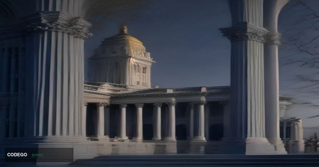 A cinematic editorial photograph depicting the exterior of the Eisenhower Executive Office Building in Washington D.C. at daw