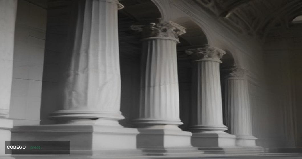A cinematic editorial photograph shot at ground level looking upward at the neoclassical stone facade of the U.S. Department 