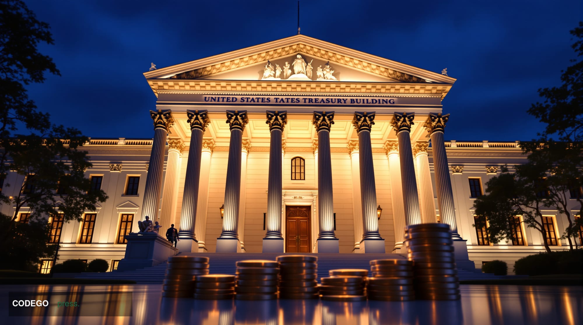 A photorealistic editorial photograph of the neoclassical exterior of the United States Treasury Building in Washington D.C.,