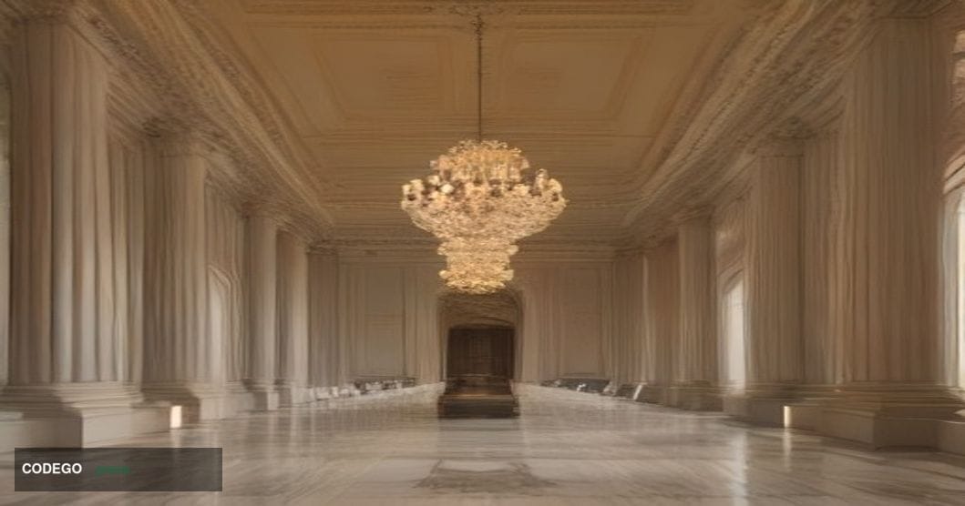 A dramatic cinematic editorial photograph set inside a grand neoclassical government building interior, referencing the archi