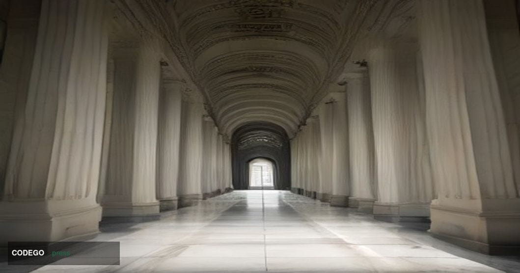 A dramatic cinematic editorial photograph set inside a vast, modernist U.S. federal building interior — inspired by the neocl