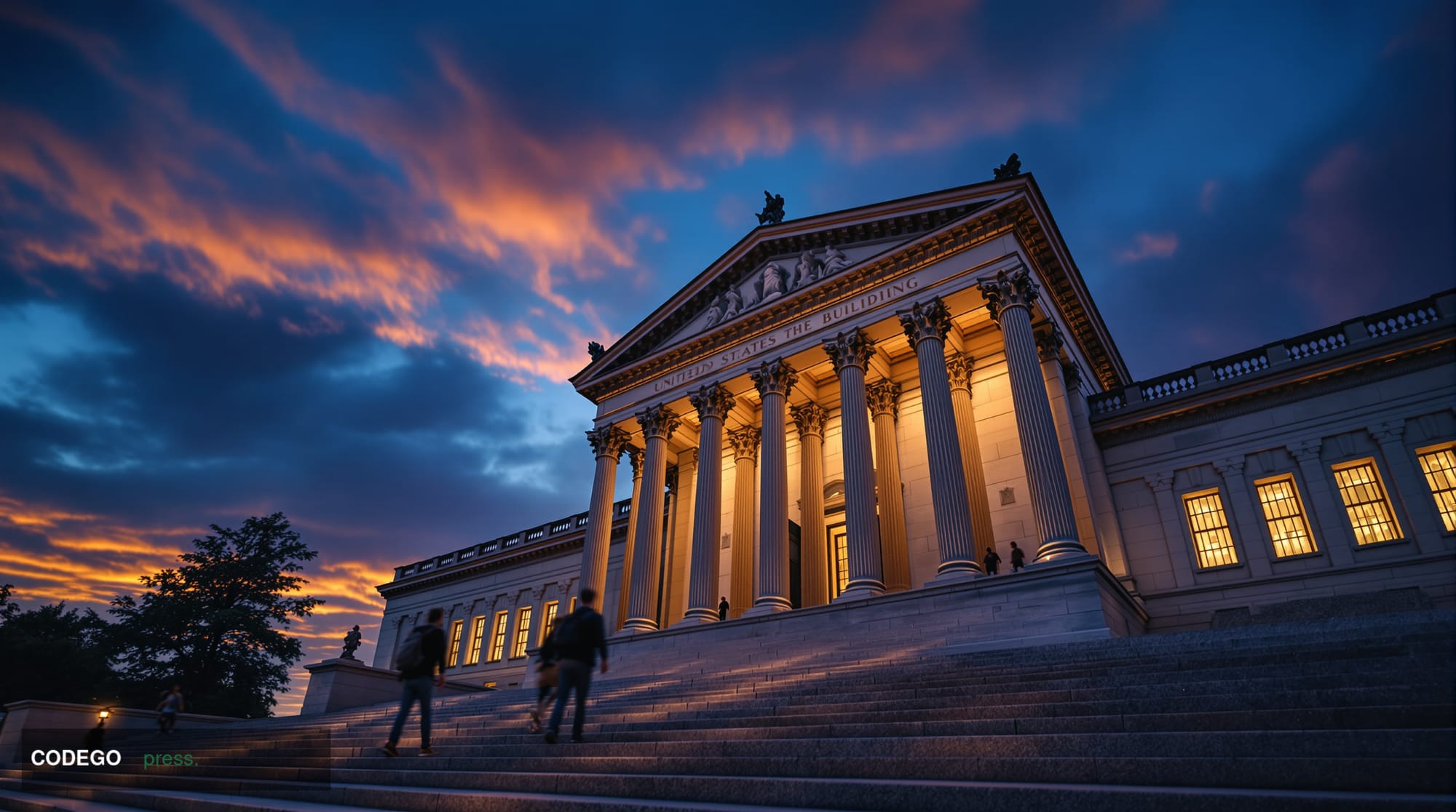 A grand neoclassical view of the United States Treasury Building in Washington D.C. photographed at dusk from a low wide-angl