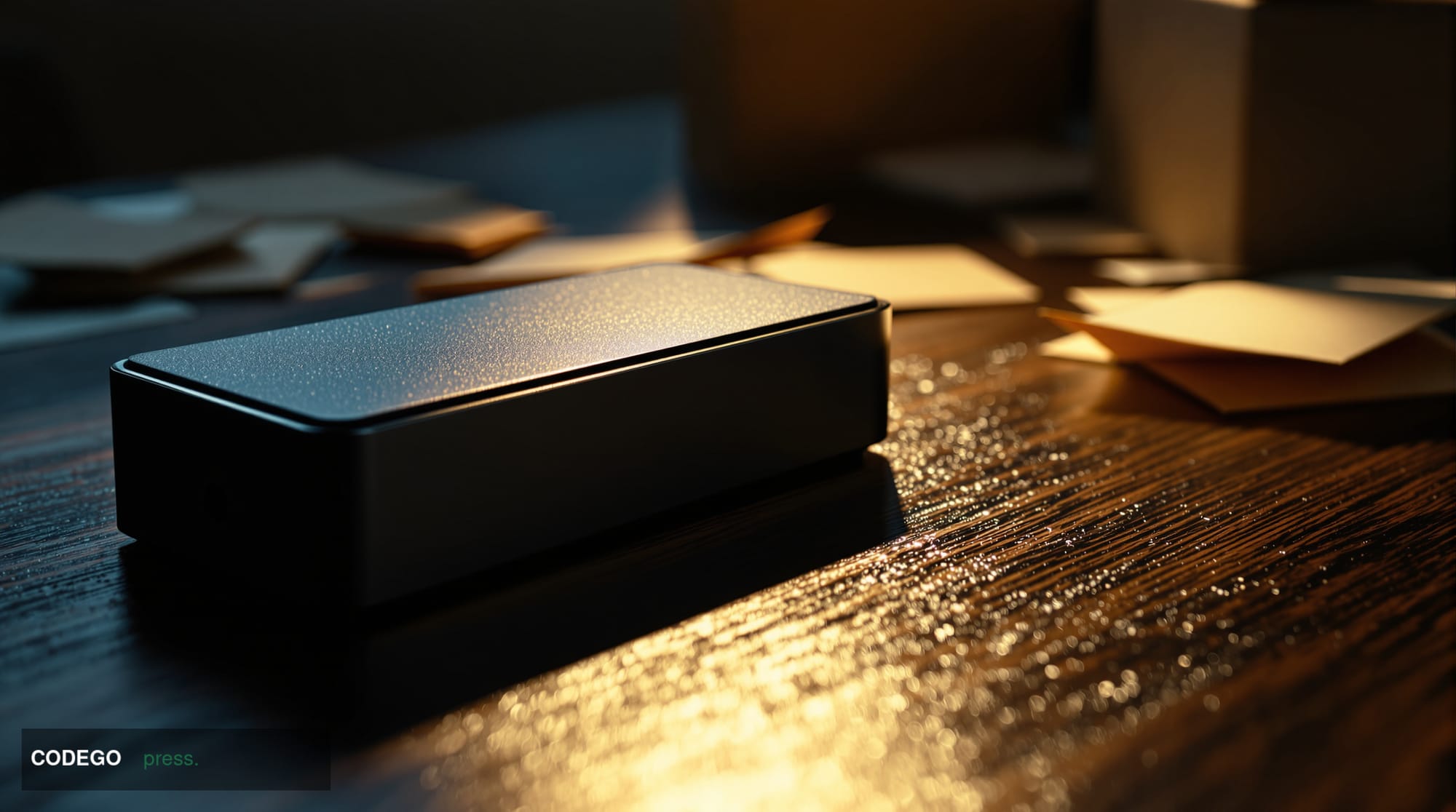 A close-up cinematic editorial photograph of a physical hardware cryptocurrency wallet device — matte black and metallic — re