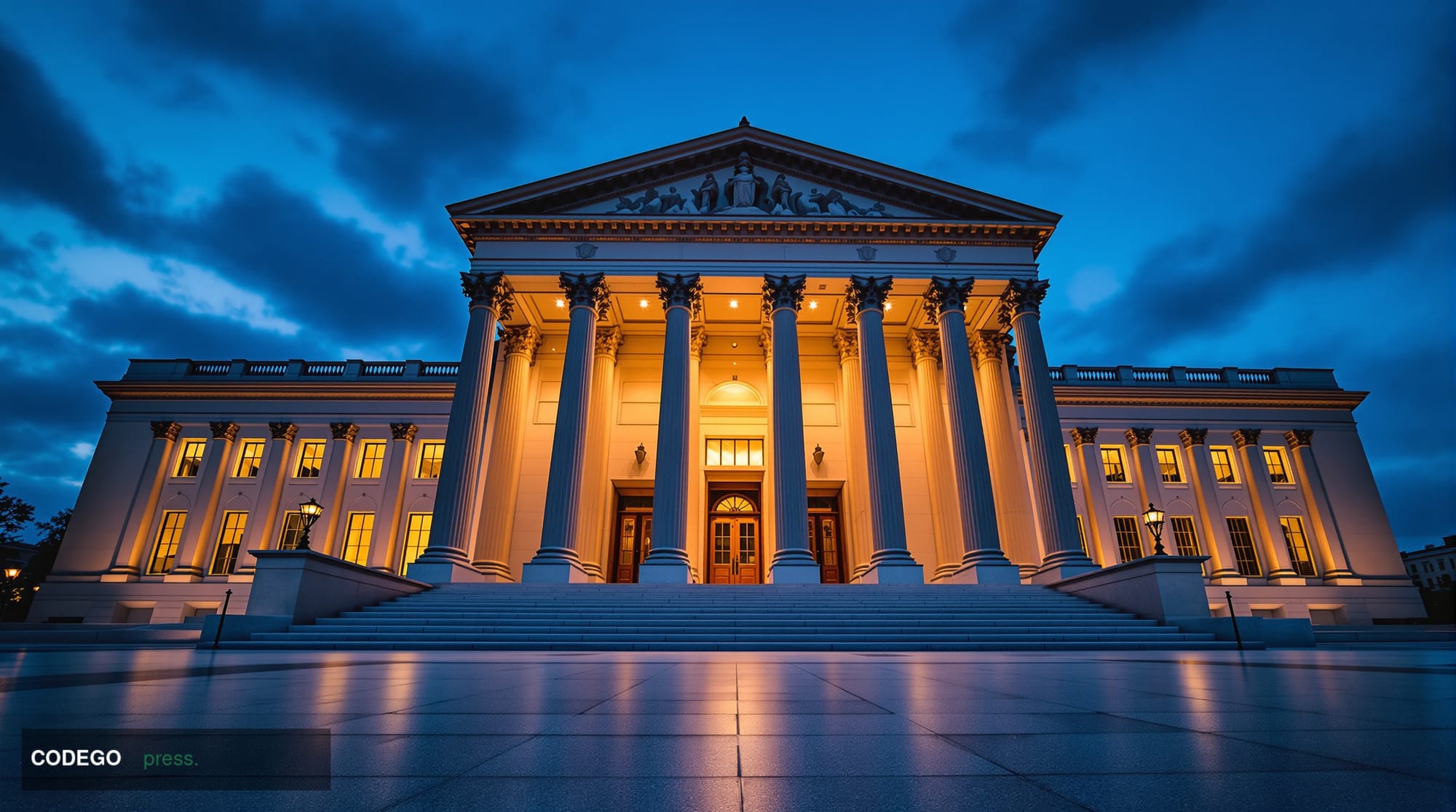 A wide-angle cinematic shot of a grand neoclassical federal building in Washington D.C. at dusk, its marble columns and limes