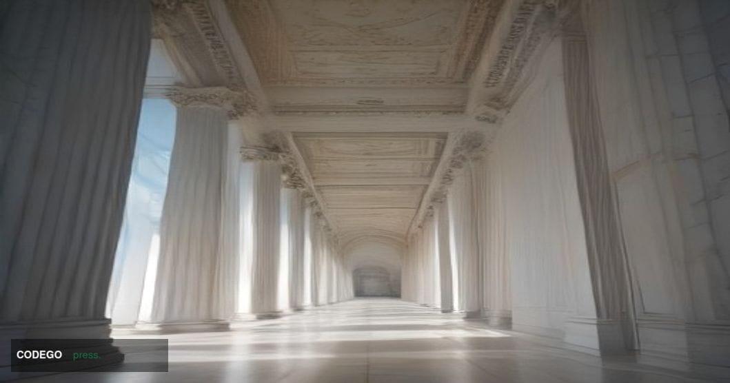 A dramatic split-scene editorial photograph taken from a low angle inside a grand governmental corridor, evoking the White Ho