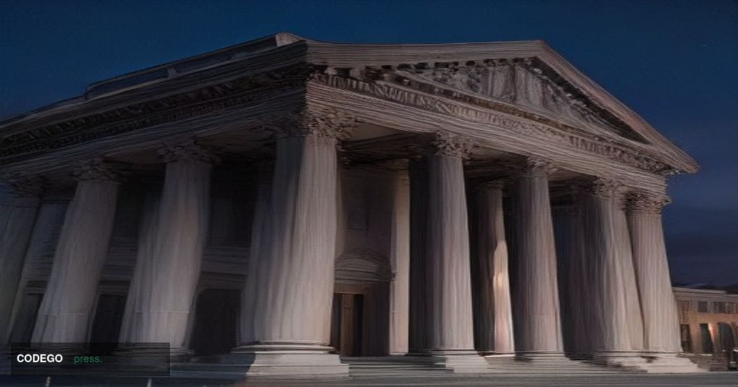 A grand neoclassical American courthouse exterior at dusk, shot from a low angle with wide-angle lens, imposing stone columns