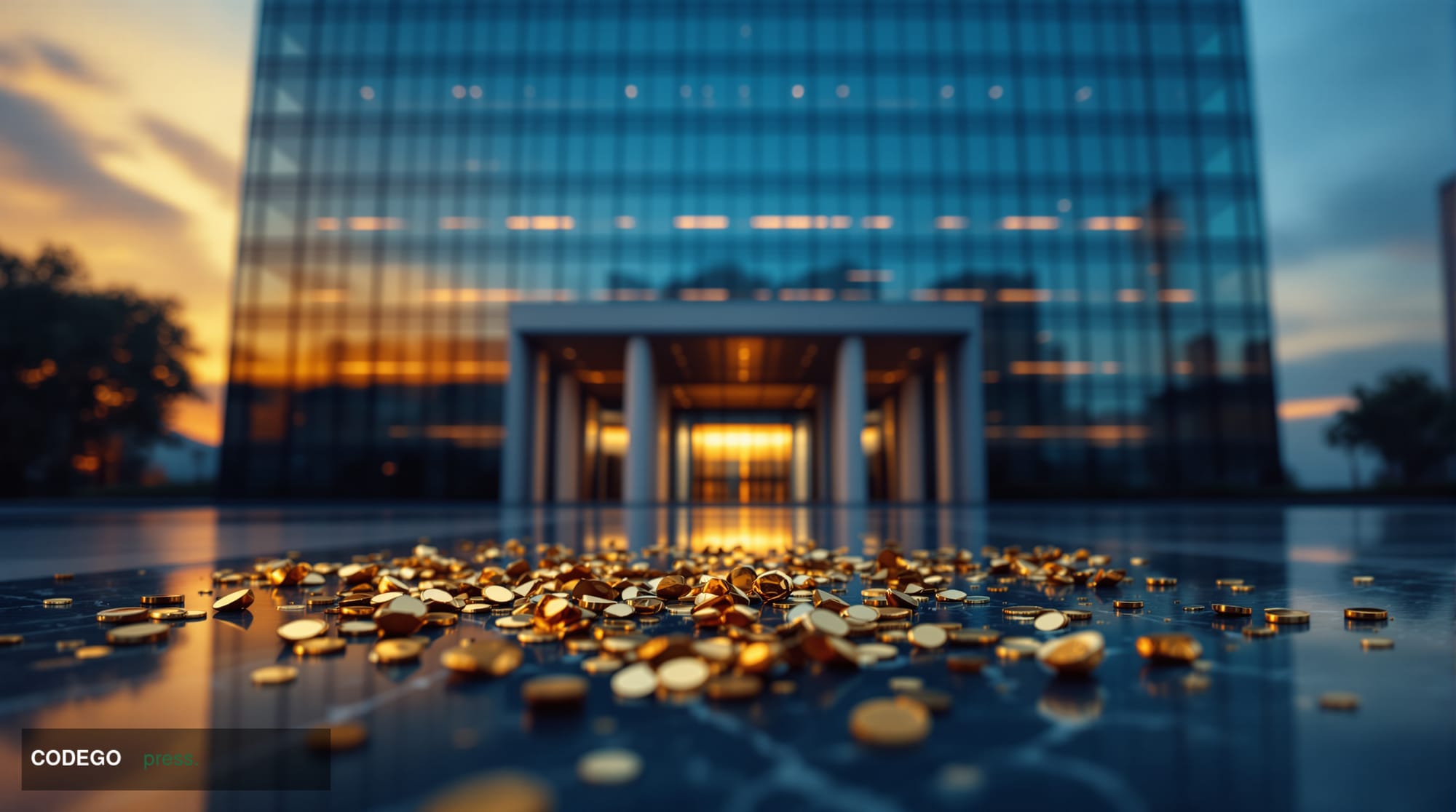 A dramatic low-angle shot of a glass-and-steel corporate headquarters building exterior at dusk, its reflective facade catchi