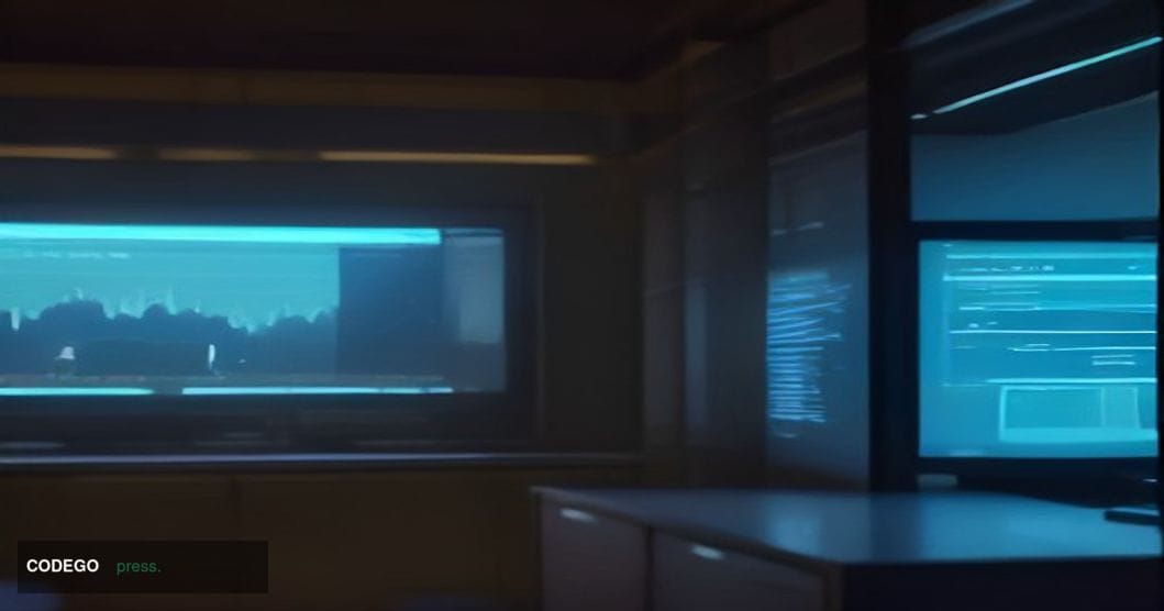 A cinematic editorial photograph of a large digital trading floor at night, dominated by a massive Bitcoin symbol rendered in