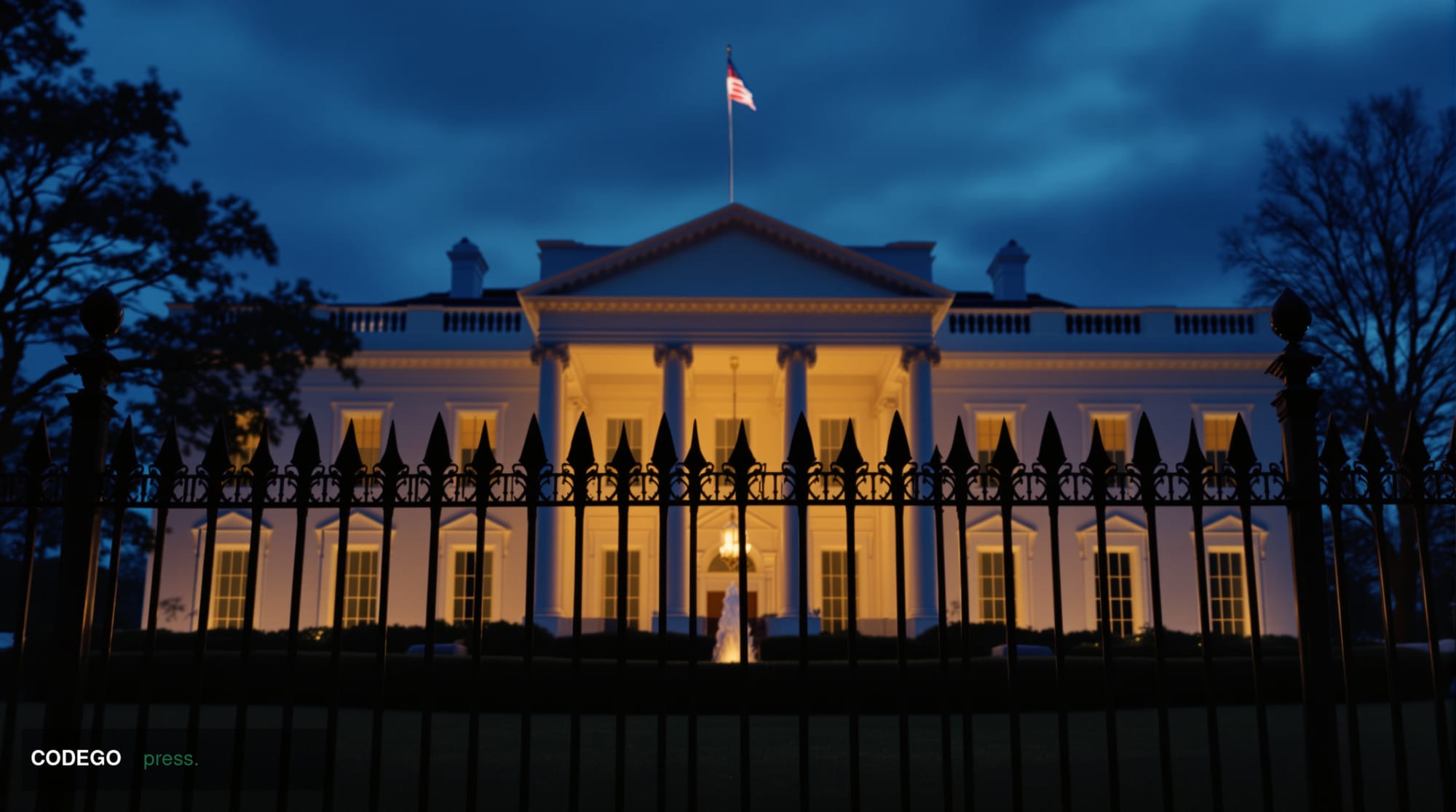 A sweeping cinematic exterior shot of the White House's North Portico at dusk, bathed in warm amber floodlights contrasting a