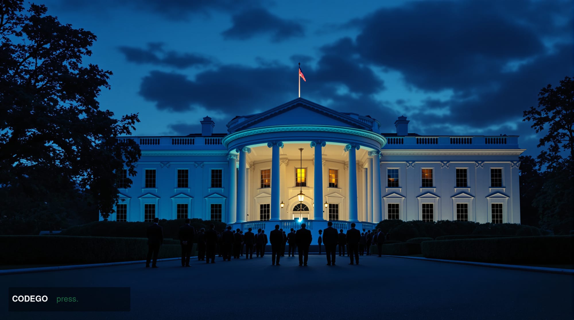 A photorealistic cinematic editorial photograph of the White House's South Portico at dusk, shot from a low angle looking upw
