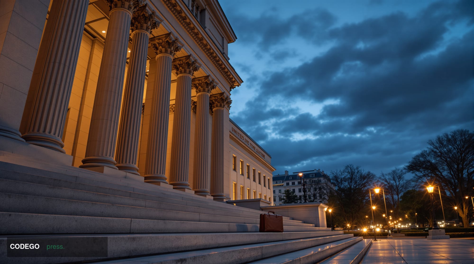 A cinematic editorial photograph of the United States Treasury Building in Washington D.C., shot from a low angle at dusk, wi