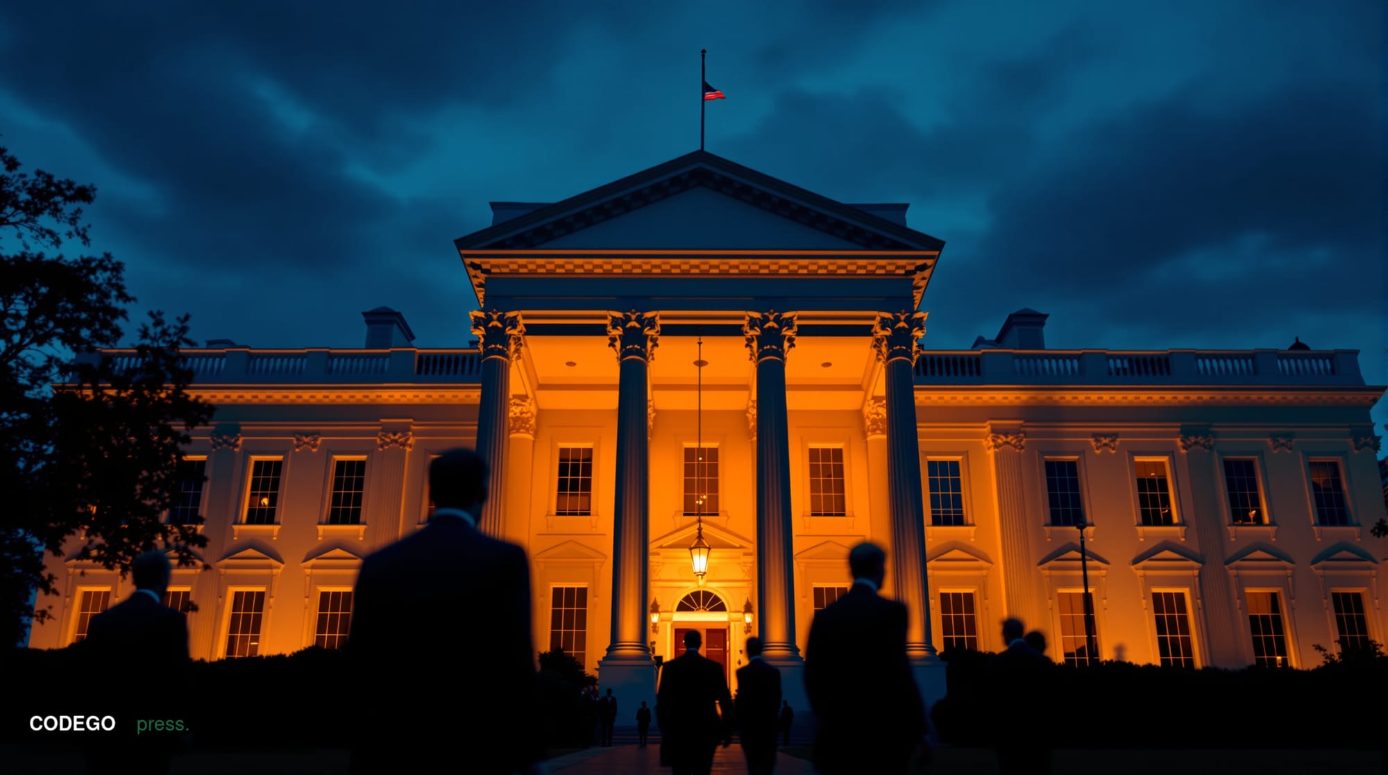 A dramatic photorealistic editorial photograph of the White House's iconic South Portico at dusk, shot from a low angle looki