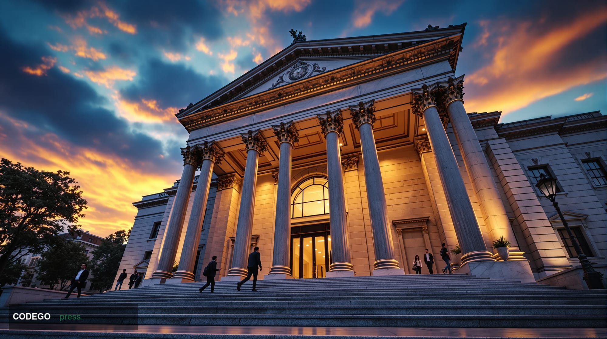 A grand neoclassical bank building facade at dusk, photographed from a low dramatic angle with wide-angle lens, gleaming marb
