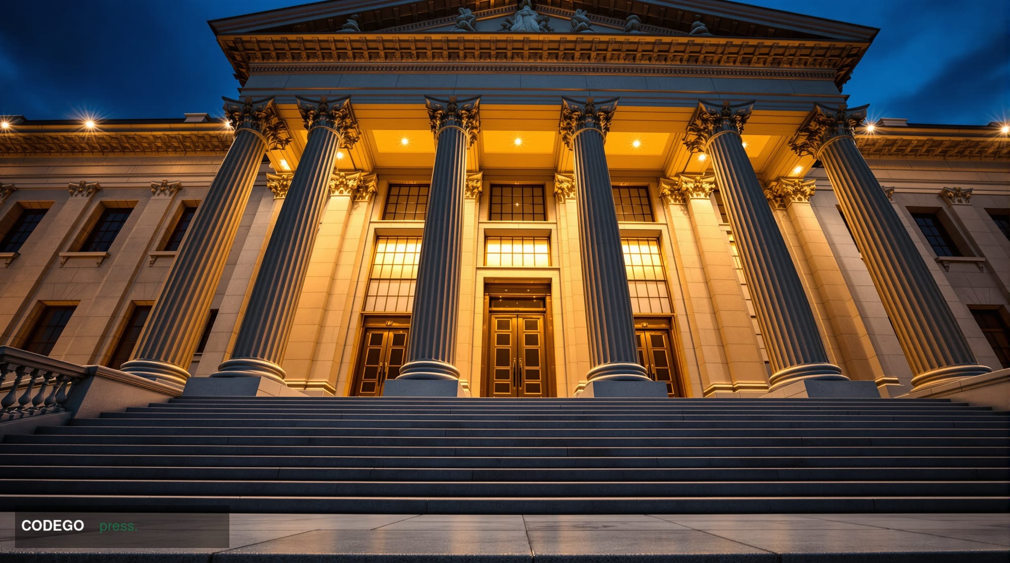A grand neoclassical government financial regulatory building exterior in Washington D.C., photographed at dusk from a low-an