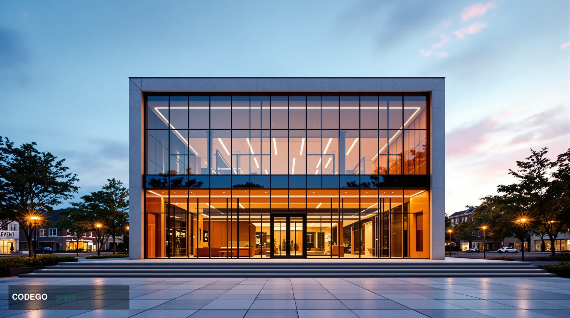 A cinematic editorial photograph of a polished mid-century modernist bank branch exterior in the Washington DC metropolitan c