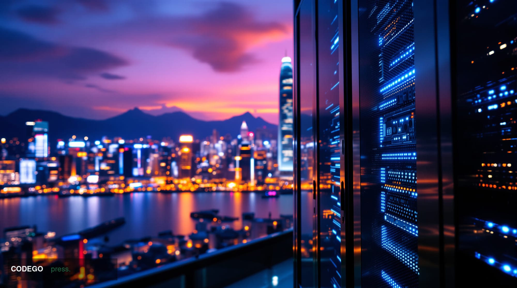 A dramatic cinematic editorial photograph of Hong Kong's iconic Victoria Harbour skyline at dusk, shot from a low-angle foreg