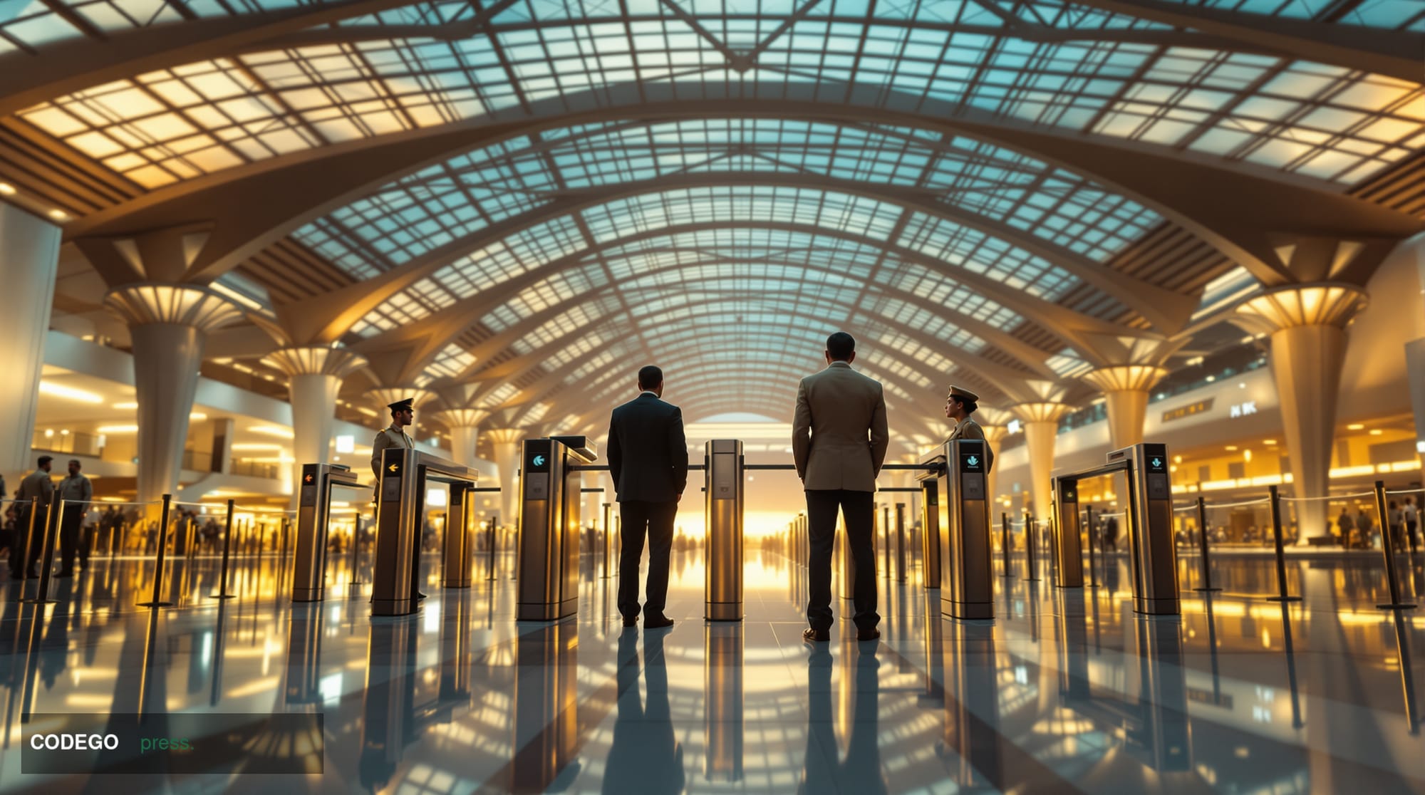 A vast, architecturally distinctive Gulf airport terminal interior at dawn, shot from a low-angle perspective looking upward 