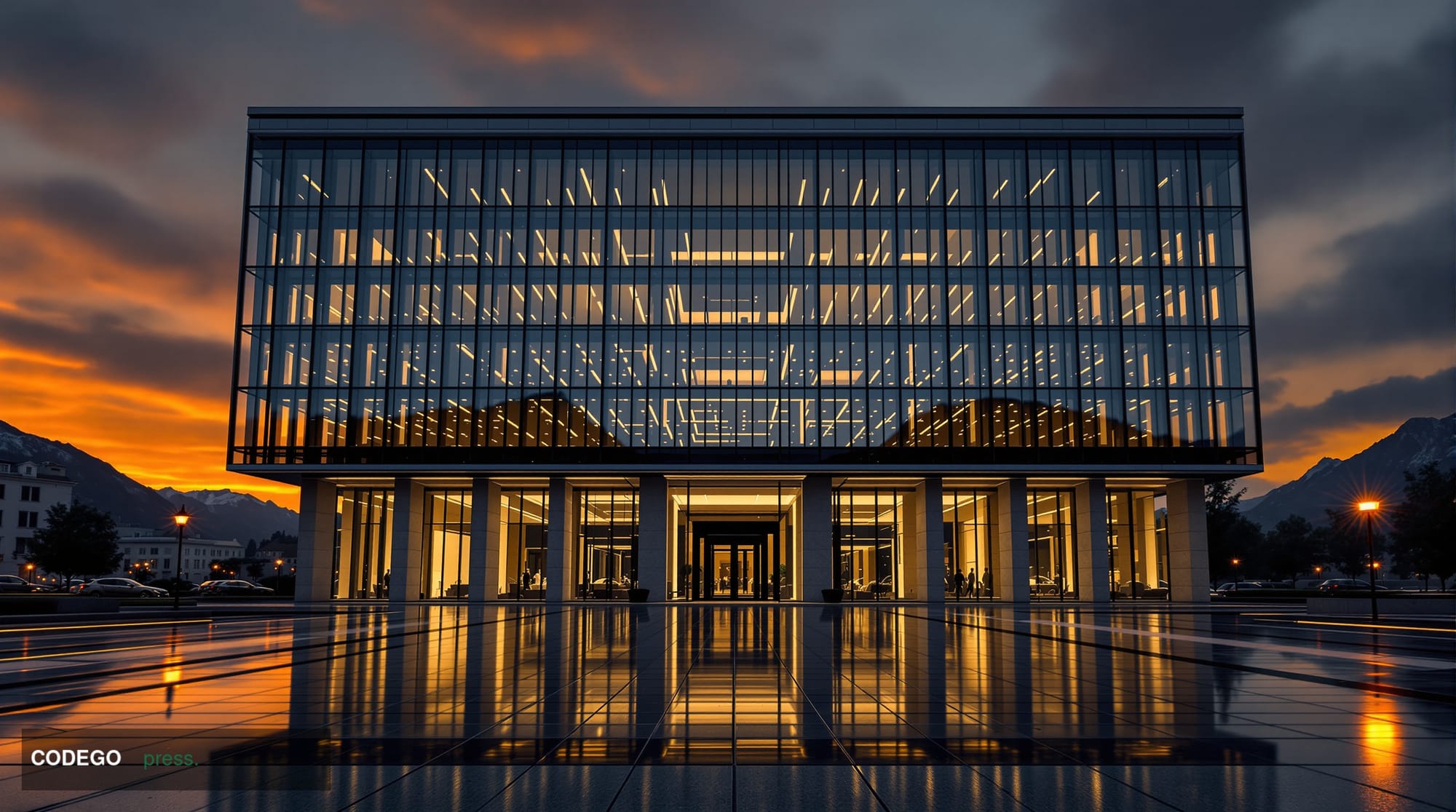 A dramatic wide-angle exterior shot of a grand Swiss banking headquarters rendered in sleek stone and glass architecture, pho