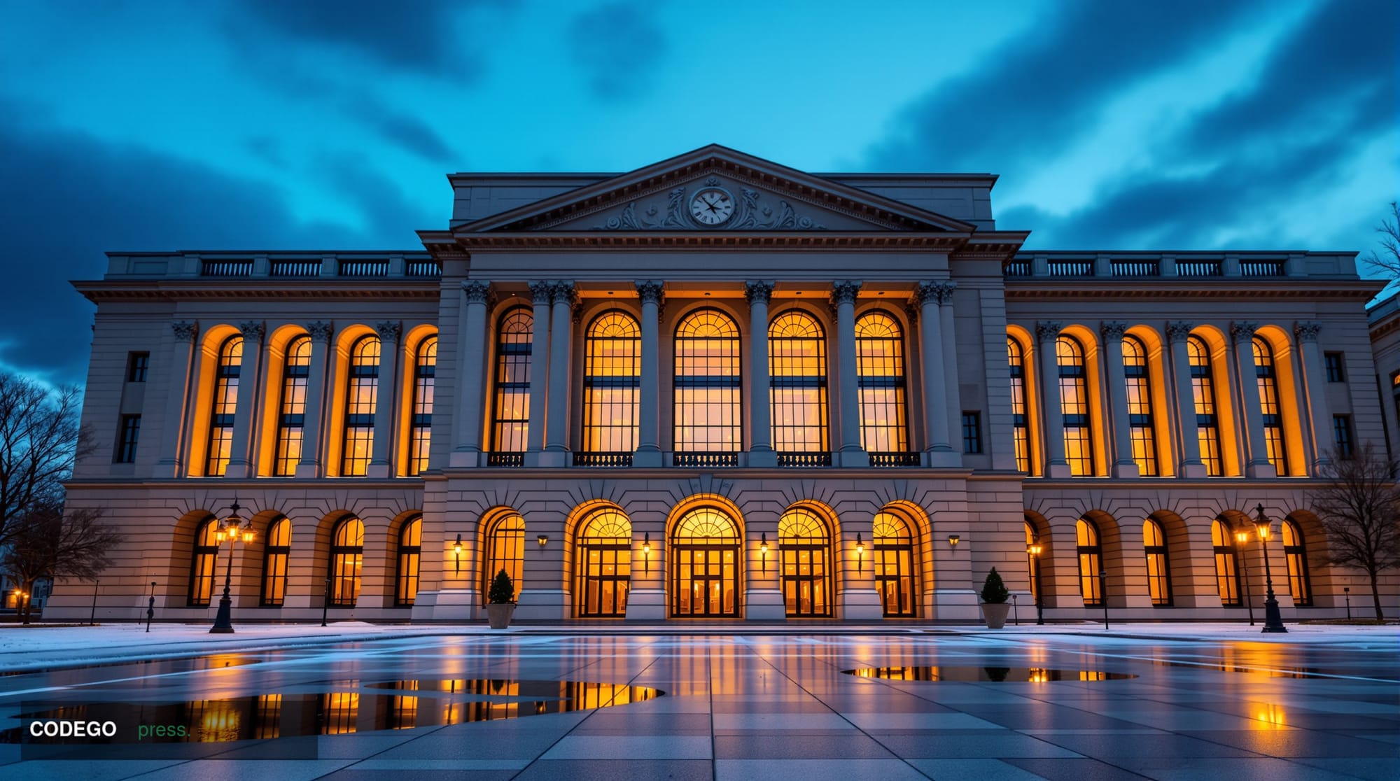 A cinematic editorial photograph of a grand European-style banking headquarters exterior at dusk, its monumental stone and gl