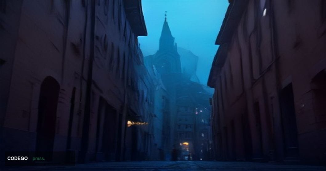 A dramatic wide-angle cinematic photograph of a grand Swiss financial district street at dusk, shot from a low angle looking 