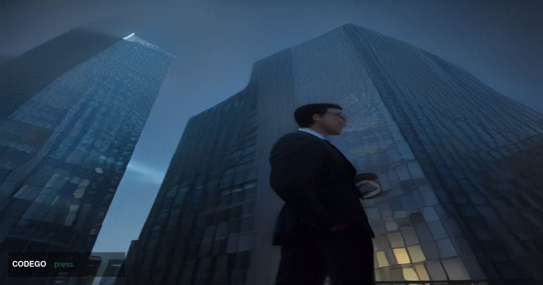 A cinematic editorial photograph set in the City of London financial district, shot from a low angle looking up at towering g