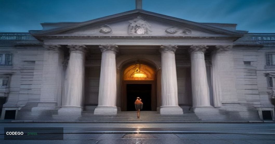 A cinematic editorial photograph of the Bank of England's iconic neoclassical Portland stone headquarters on Threadneedle Str