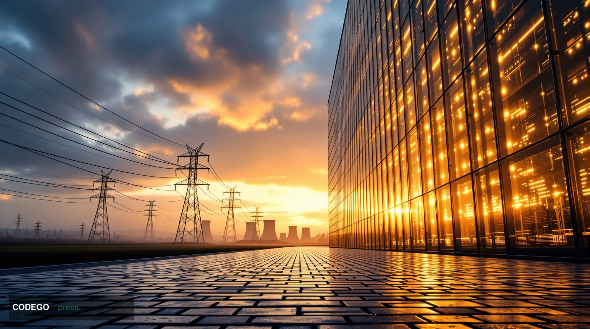 A photorealistic cinematic editorial photograph shot from a low-angle perspective looking upward at the glass and steel facad