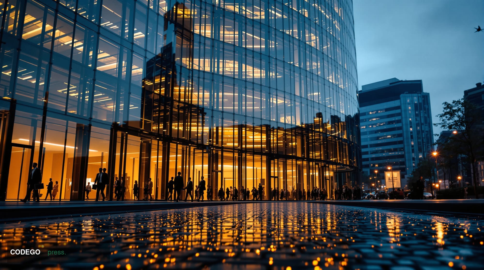 A dramatic wide-angle exterior shot of the Financial Conduct Authority's Stratford, London headquarters — a modern glass-and-